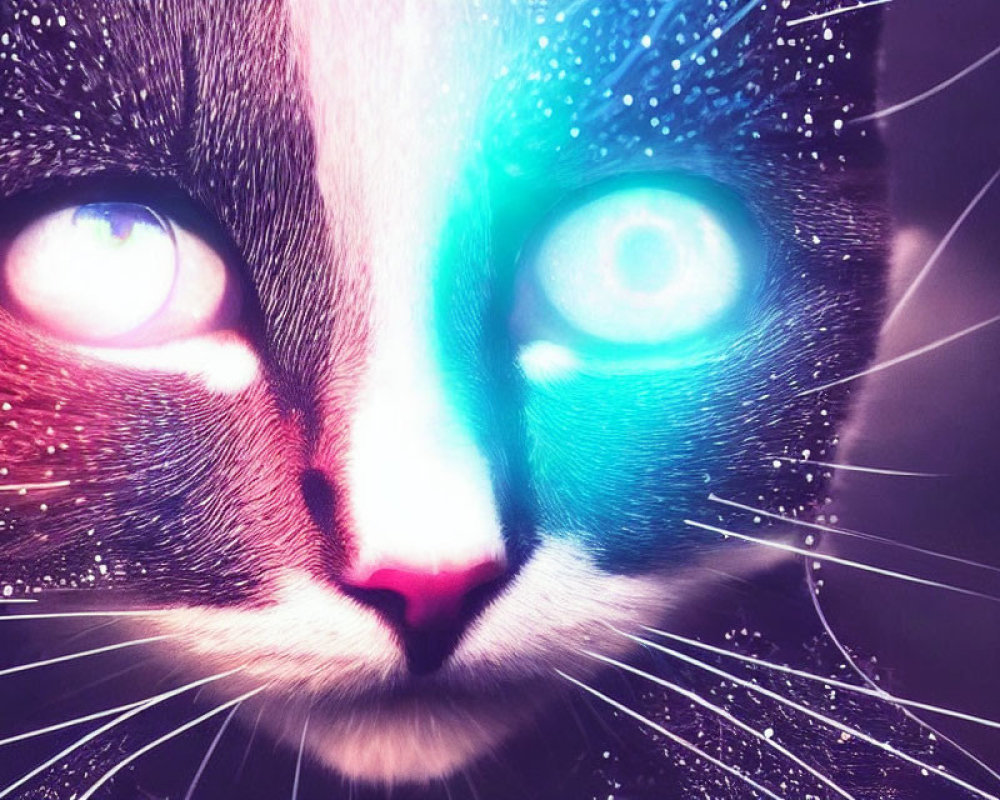 Close-up Digital Artwork: Cat with Cosmic Texture and Blue Eyes