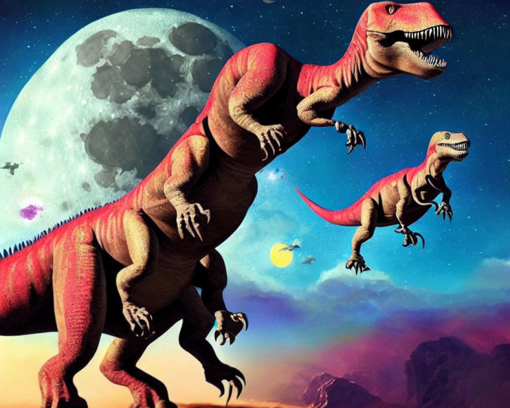 Fantasy landscape with two T-rex dinosaurs, moon, asteroids, and colorful sky