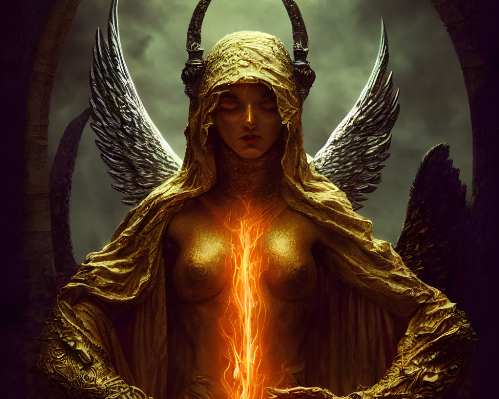 Mystical figure with horns and wings in torn garment emitting dark aura