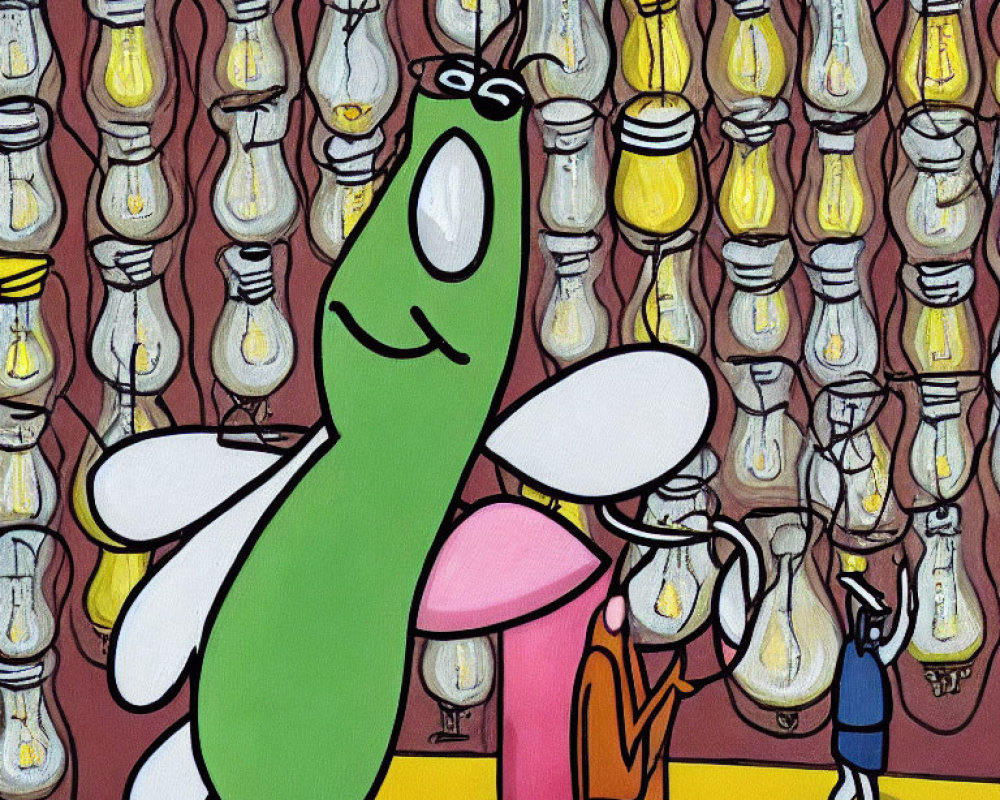 Giant Green Winged Creature in Room with Light Bulbs and Small Figures