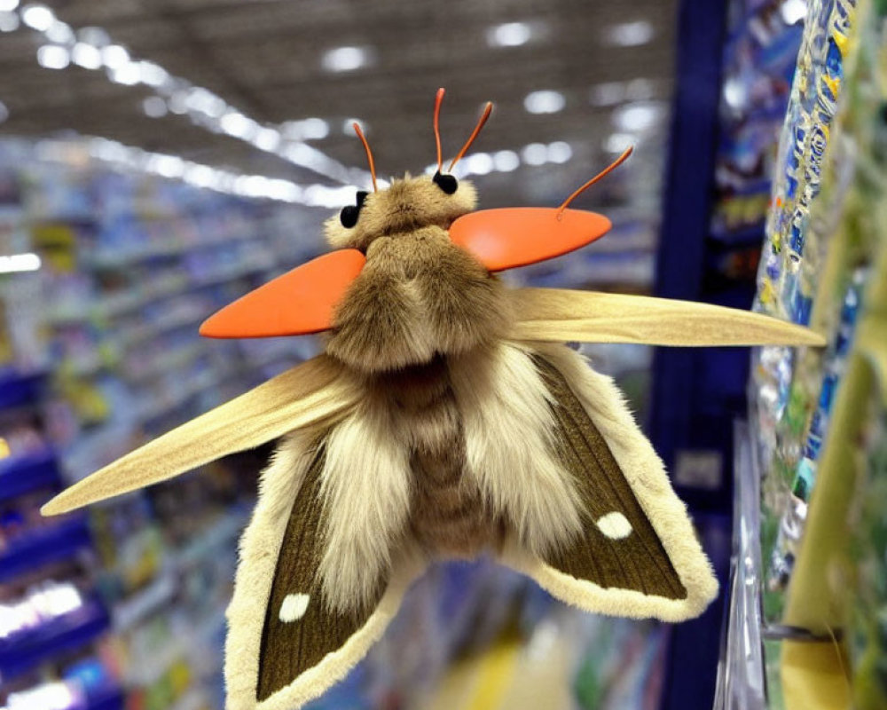 Large fluffy moth with exaggerated features flying in a supermarket aisle.