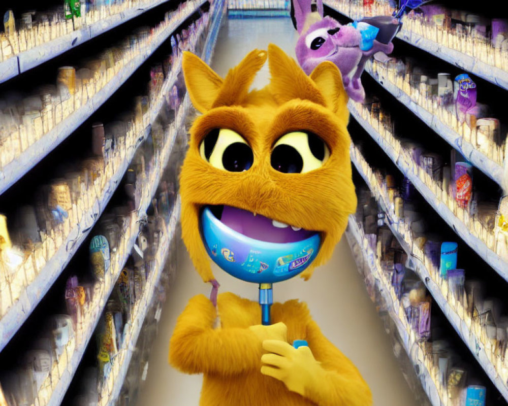 Furry orange character with lollipop in supermarket aisle