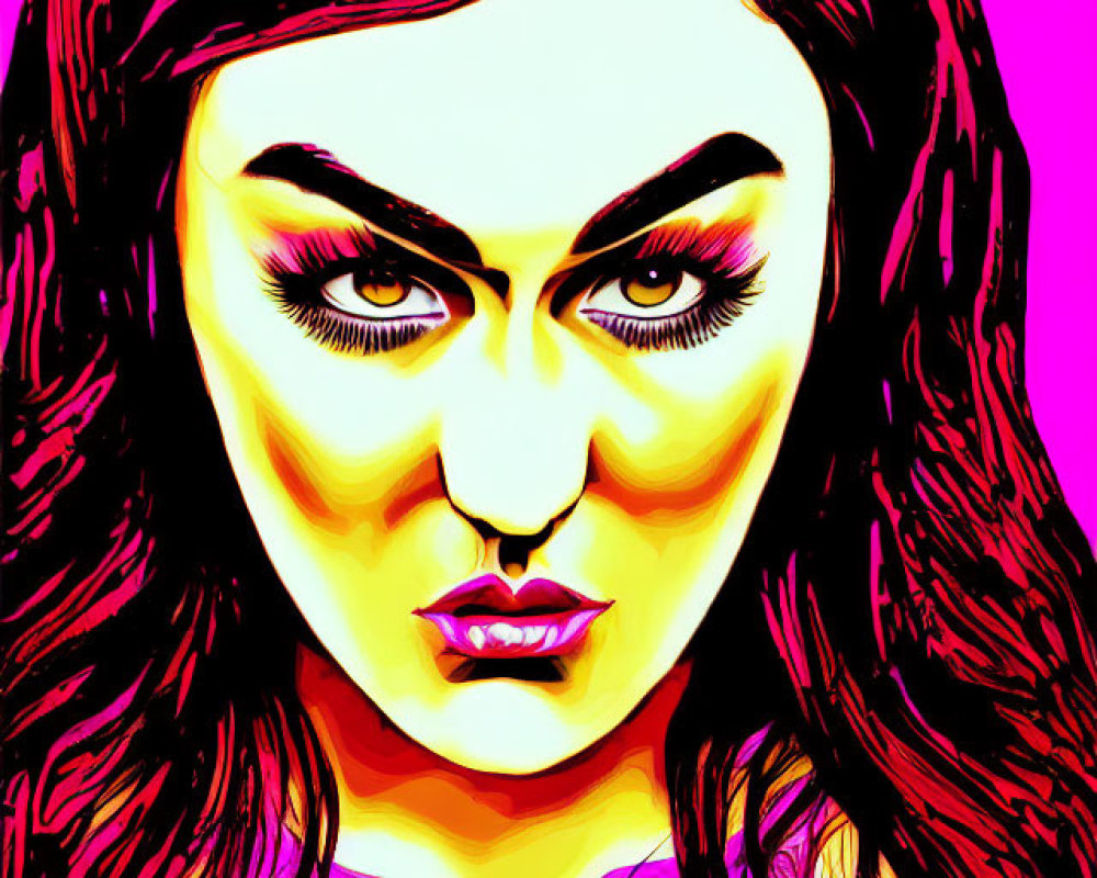 Colorful Stylized Portrait of Woman with Bold Features on Pink Background