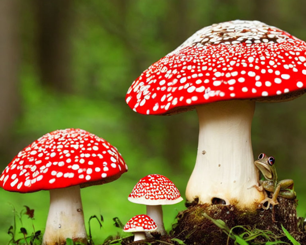 Vibrant red mushrooms with white spots in forest setting with green frog