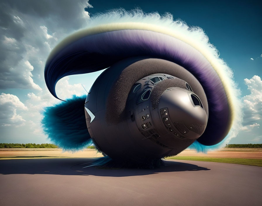 Surreal spacecraft with colorful doughnut cloud in blue sky