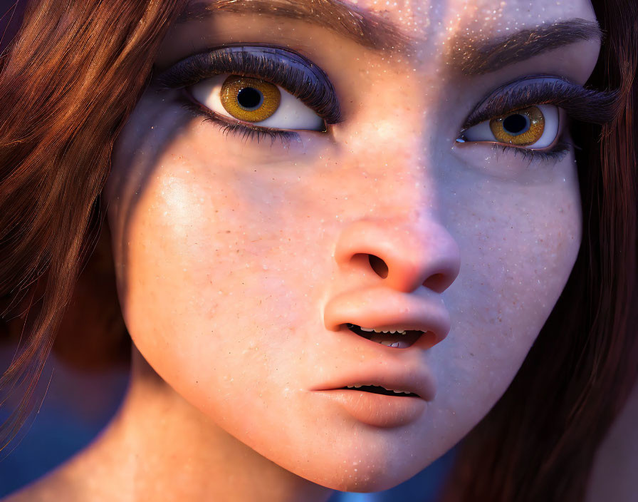 Detailed 3D-animated female character with yellow eyes and freckles