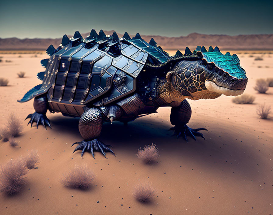 Armored armadillo with solar panel shell in desert landscape