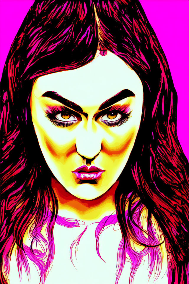 Colorful Stylized Portrait of Woman with Bold Features on Pink Background