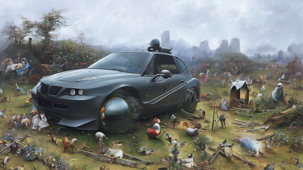 Surreal futuristic car in chaotic landscape with animals and people