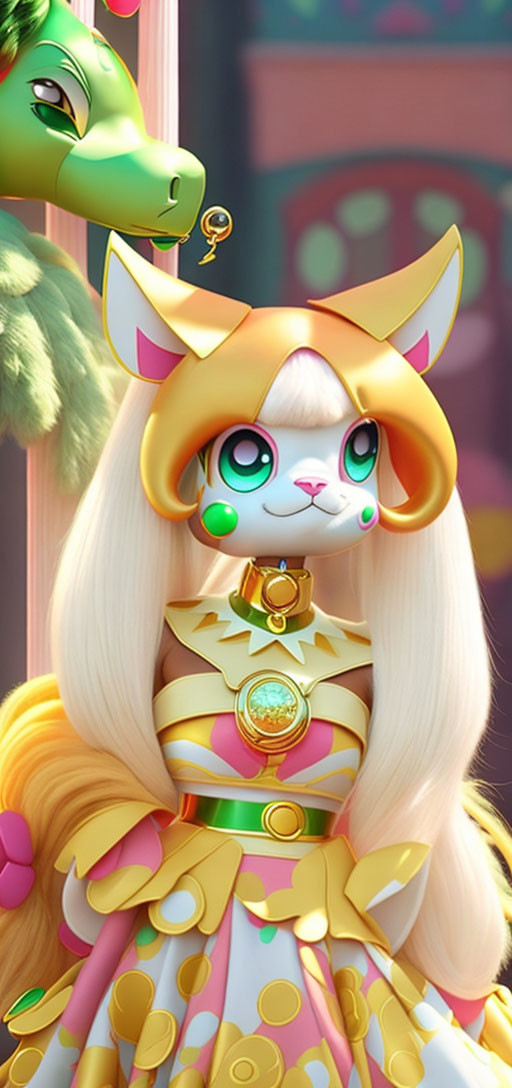 Stylized anthropomorphic cat with golden accessories and colorful attire standing with green dragon in whimsical background