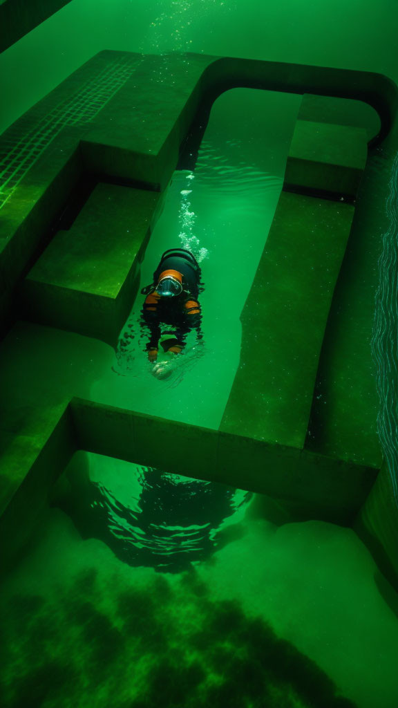 Underwater scuba diver in green-lit pool with submerged structures