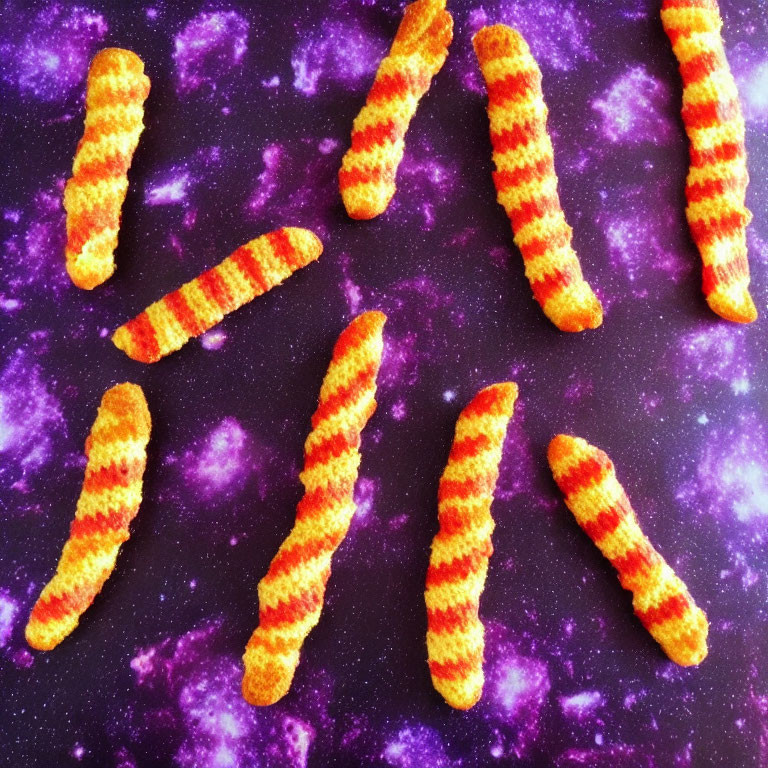 Vibrant spiral galaxy print with orange and yellow worm-like shapes