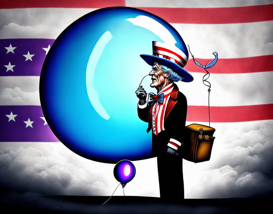 Surreal illustration of Uncle Sam with blue bubble and briefcase on American flag background