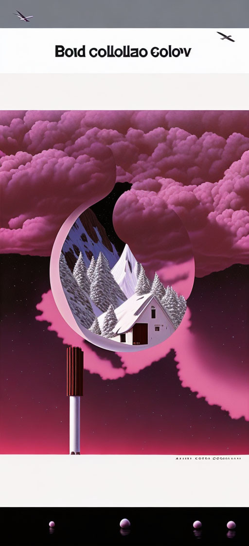 Surreal mountain landscape with cabin in circular frame against pink sky