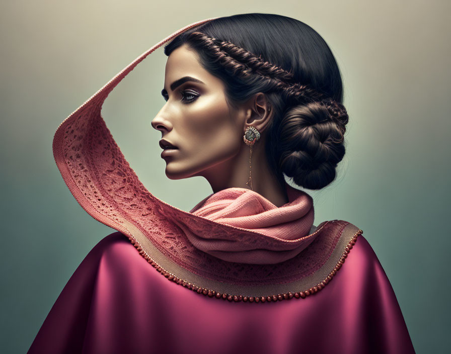 Woman with Elegant Braided Hairstyle in Salmon Pink Scarf and Dress