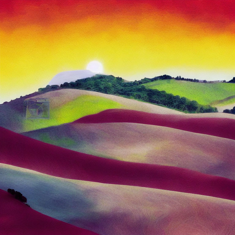 Colorful Rolling Hills Landscape Under Gradient Sunset Sky