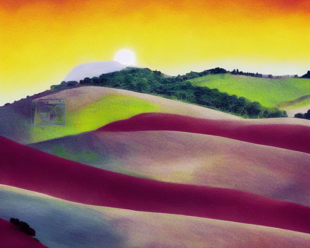 Colorful Rolling Hills Landscape Under Gradient Sunset Sky