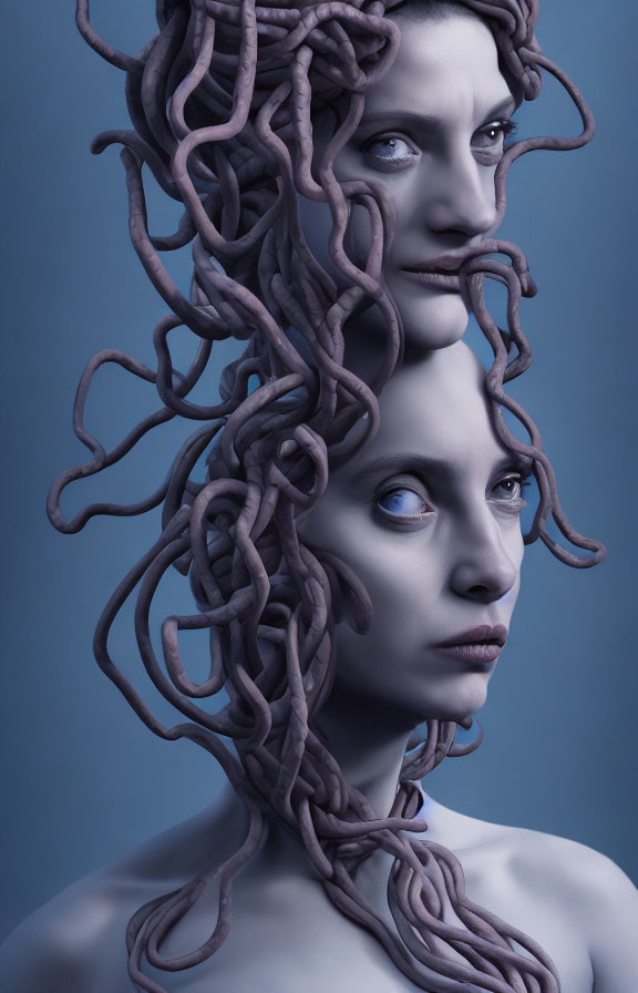 Two intertwined serpentine hair figures in serious poses on blue background