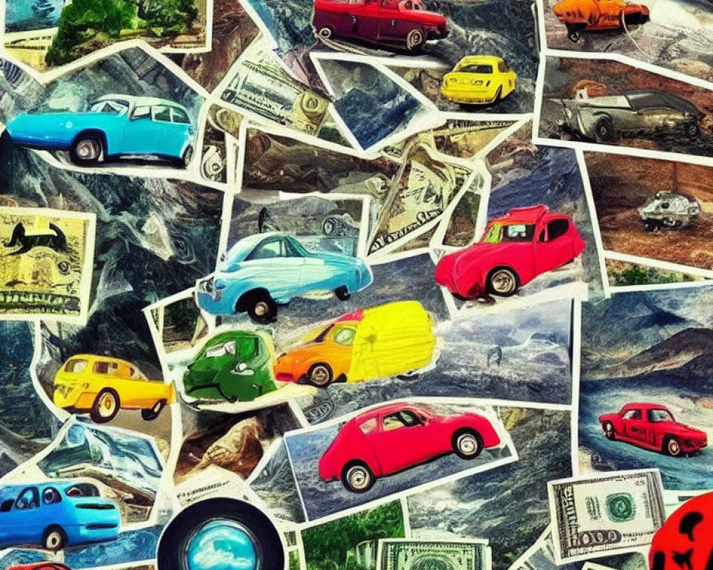 Vintage Cars Collage Featuring Money, Landscapes, and Abstract Textures