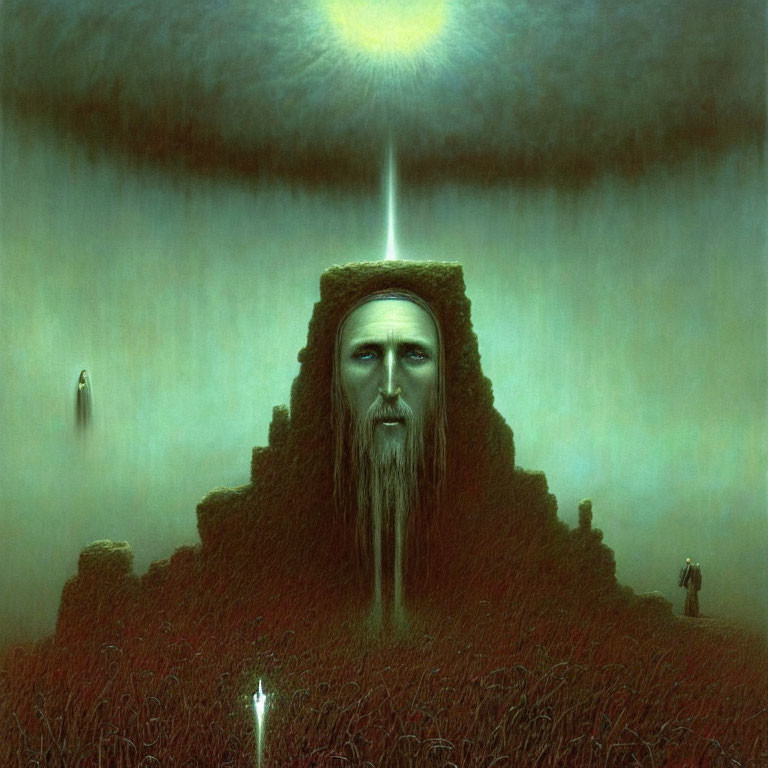 Surreal painting: Giant bearded face in landscape under greenish sky