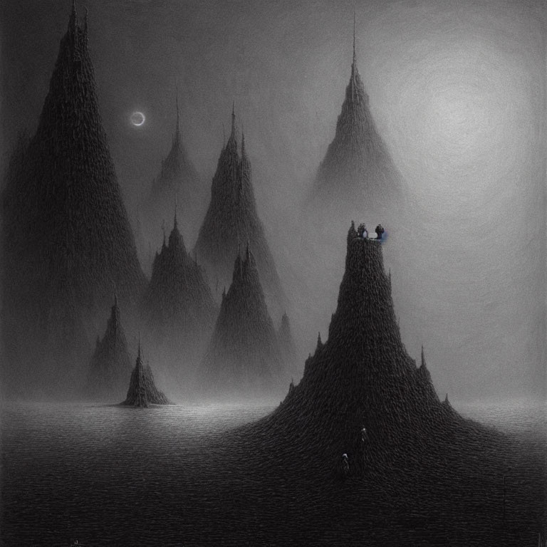 Moonlit monochrome landscape with cone-shaped peaks and figures depicting isolation