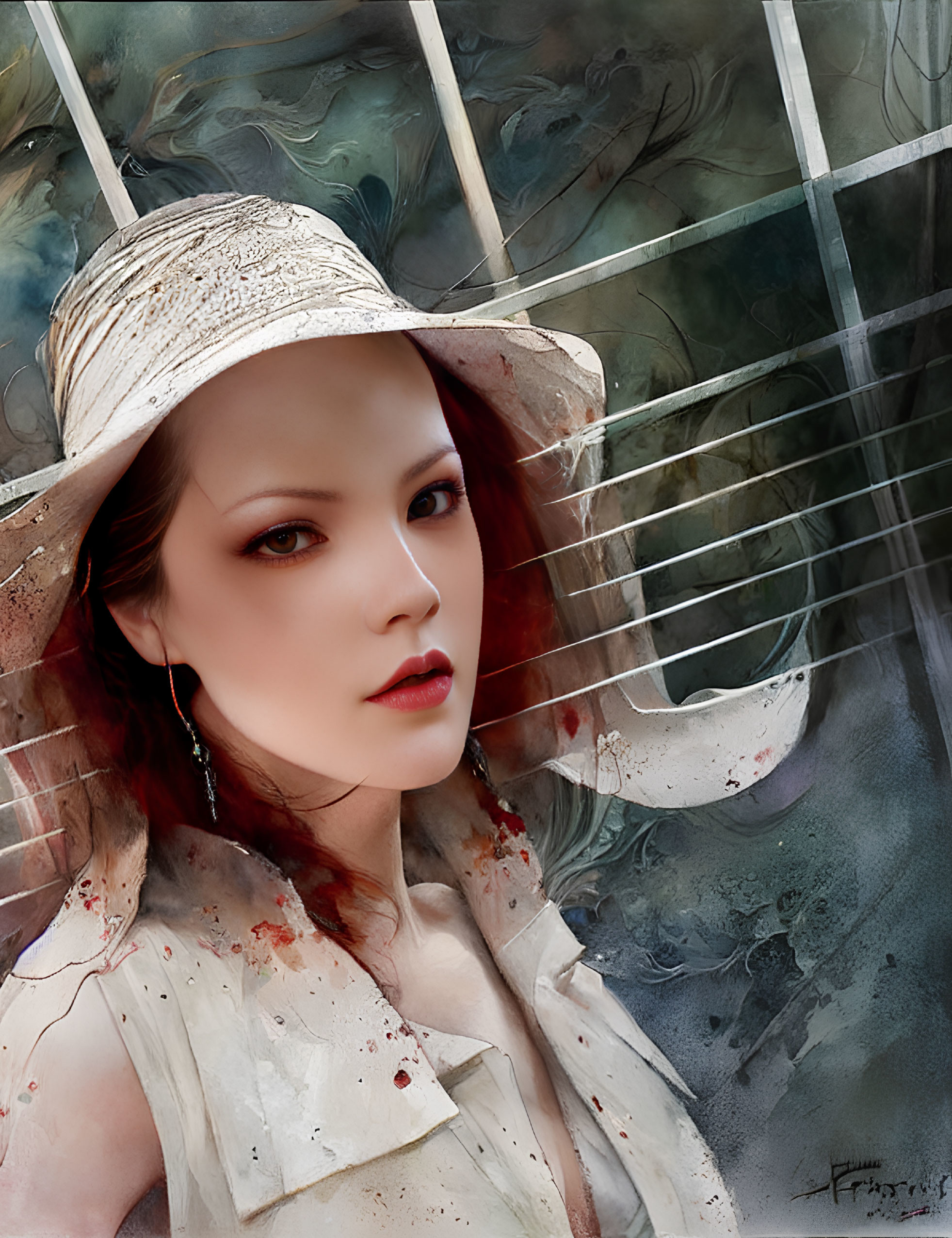 Digital portrait of woman in white hat and earrings on abstract textured background