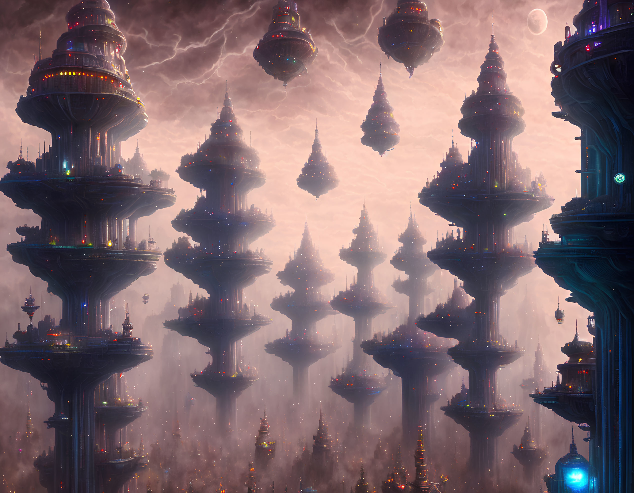 Futuristic cityscape with towering spire-like buildings, ambient lighting, lightning storm, and distant