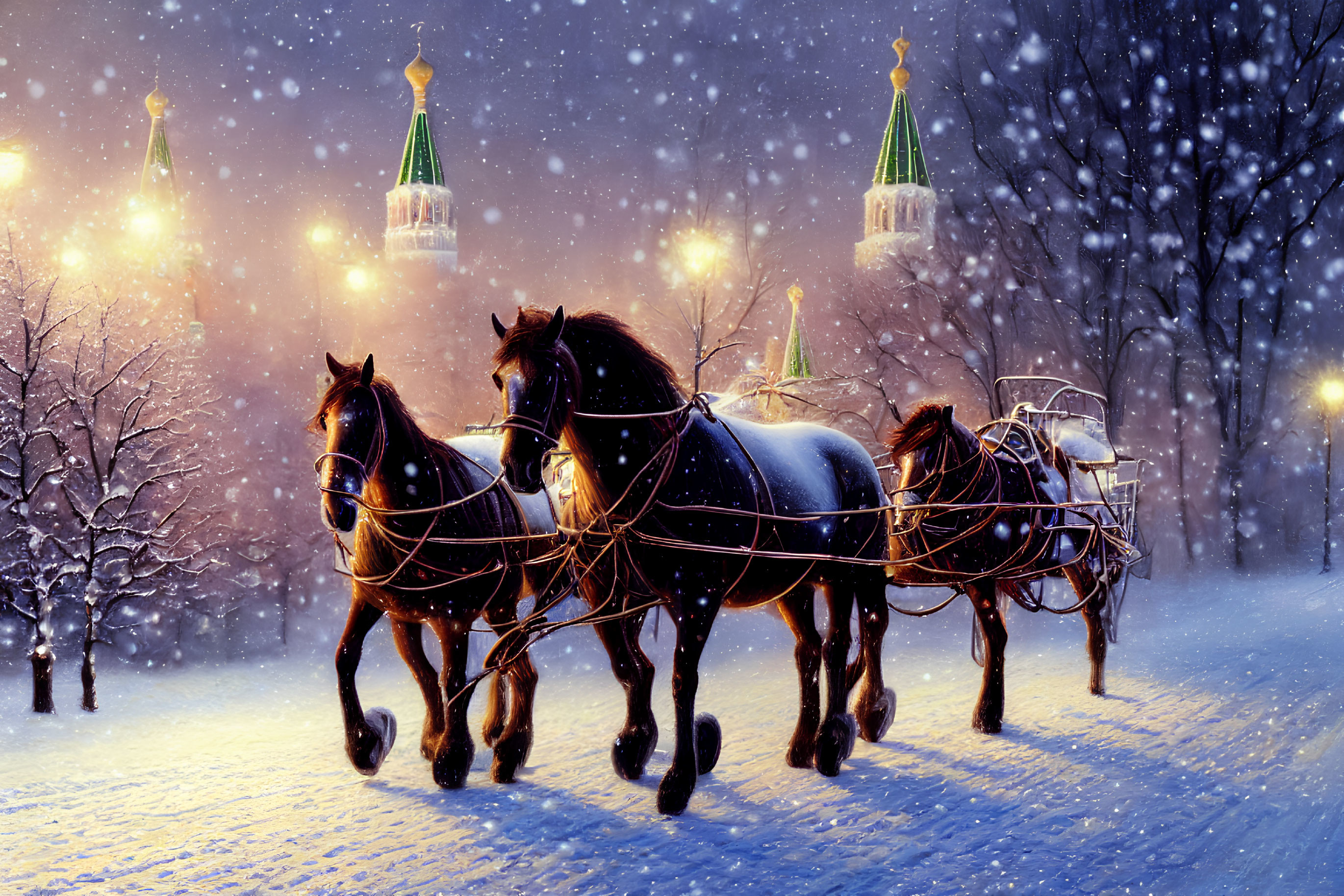 Snowy evening scene with horse-drawn sleigh and glowing lanterns