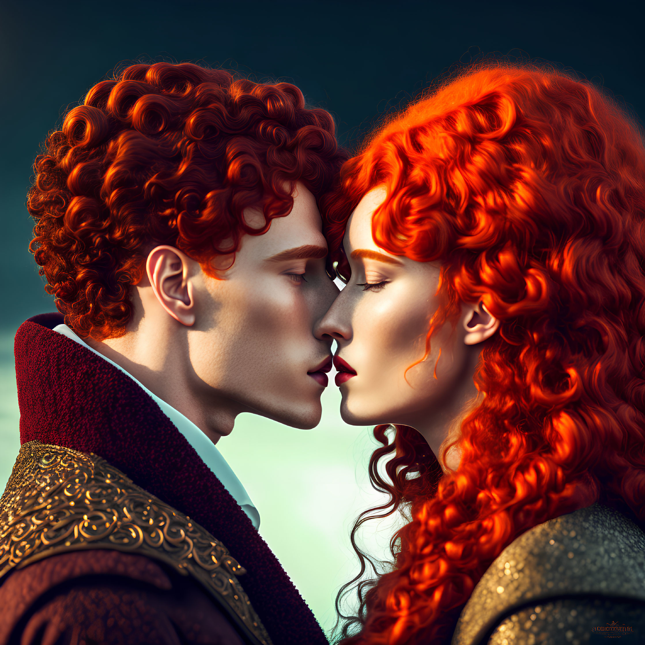 Intimate moment captured: Two individuals with vibrant red curly hair in close embrace.