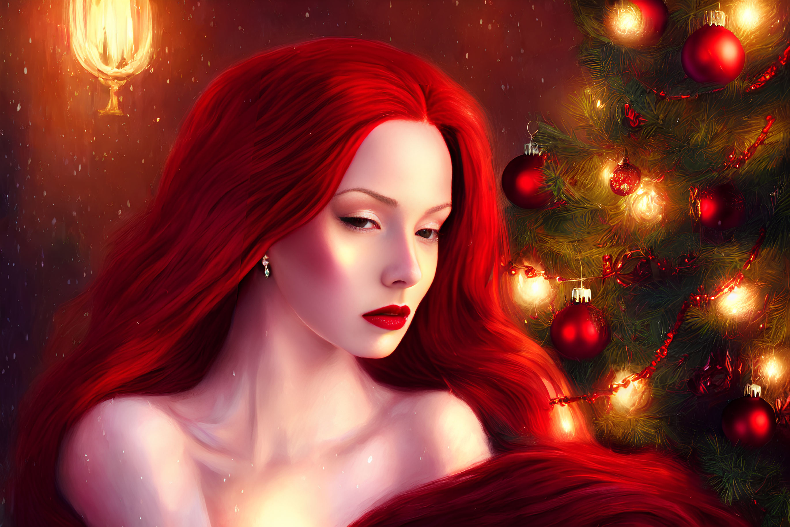 Red-haired woman by Christmas tree with red ornaments and lights