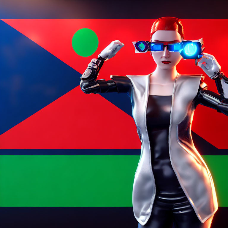 Cyberpunk-themed 3D-rendered female figure with robotic arm and sunglasses in abstract background