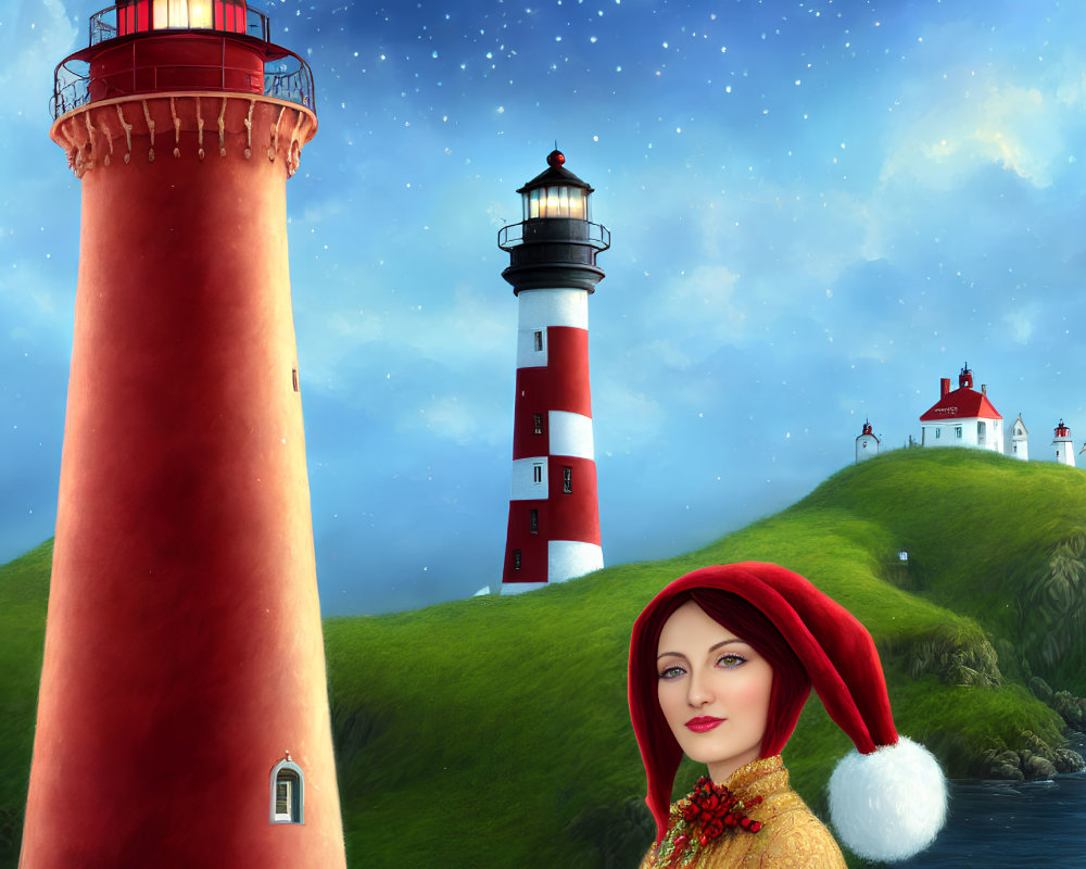 Digital artwork of woman in red beret by two lighthouses on green isles under starry