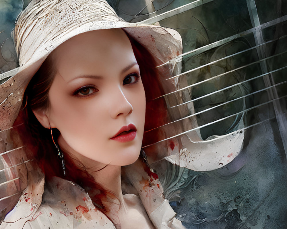 Digital portrait of woman in white hat and earrings on abstract textured background