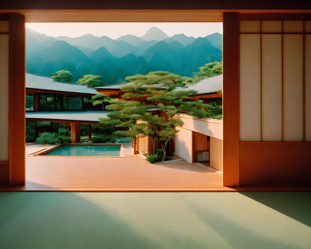 Japanese Architecture: Sliding Doors, Garden, Pool, Mountain Sunset