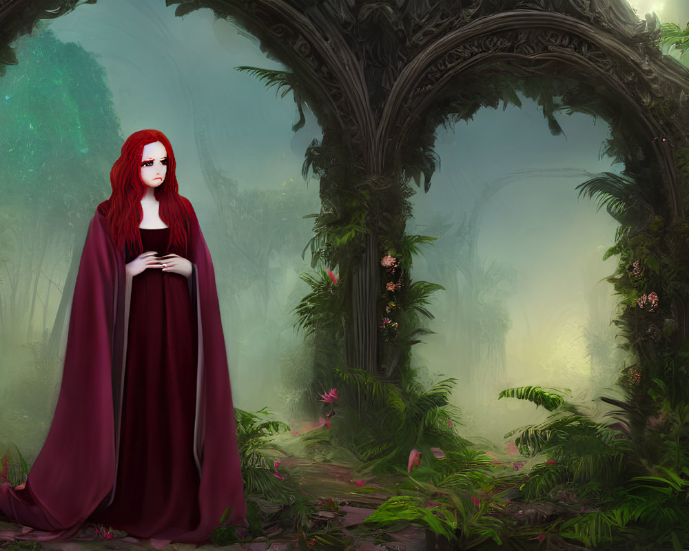 Red-haired woman in burgundy cloak in misty garden with archways.