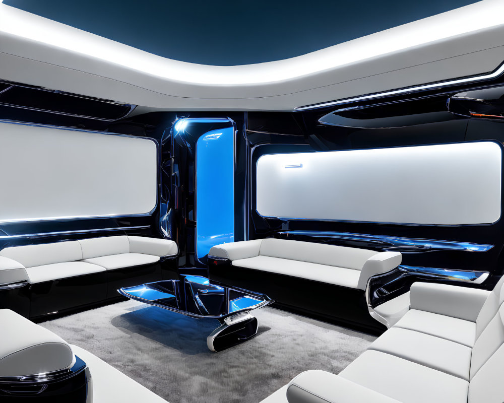 Futuristic Vehicle Interior: White Leather, Black Surfaces, Blue Lighting