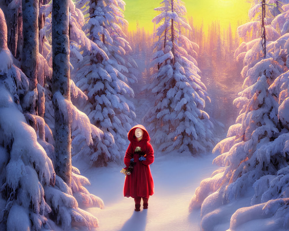 Person in Red Cloak Standing Among Snow-Laden Trees in Serene Winter Landscape