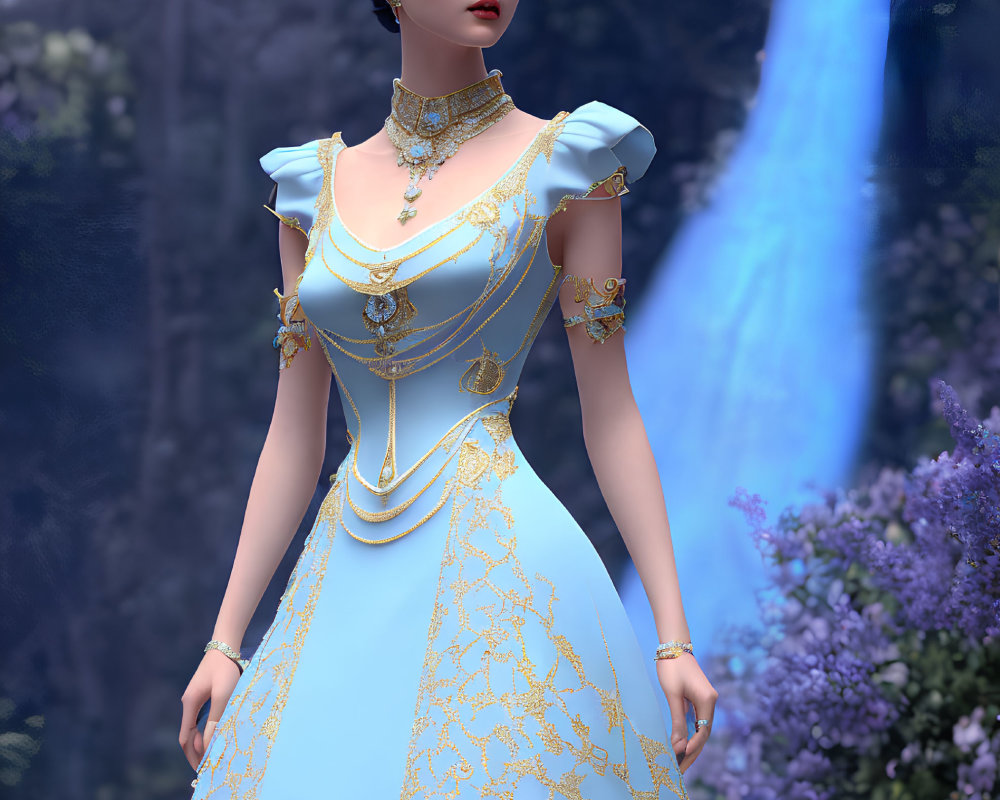 Blue-haired woman in elegant dress poses against waterfall backdrop