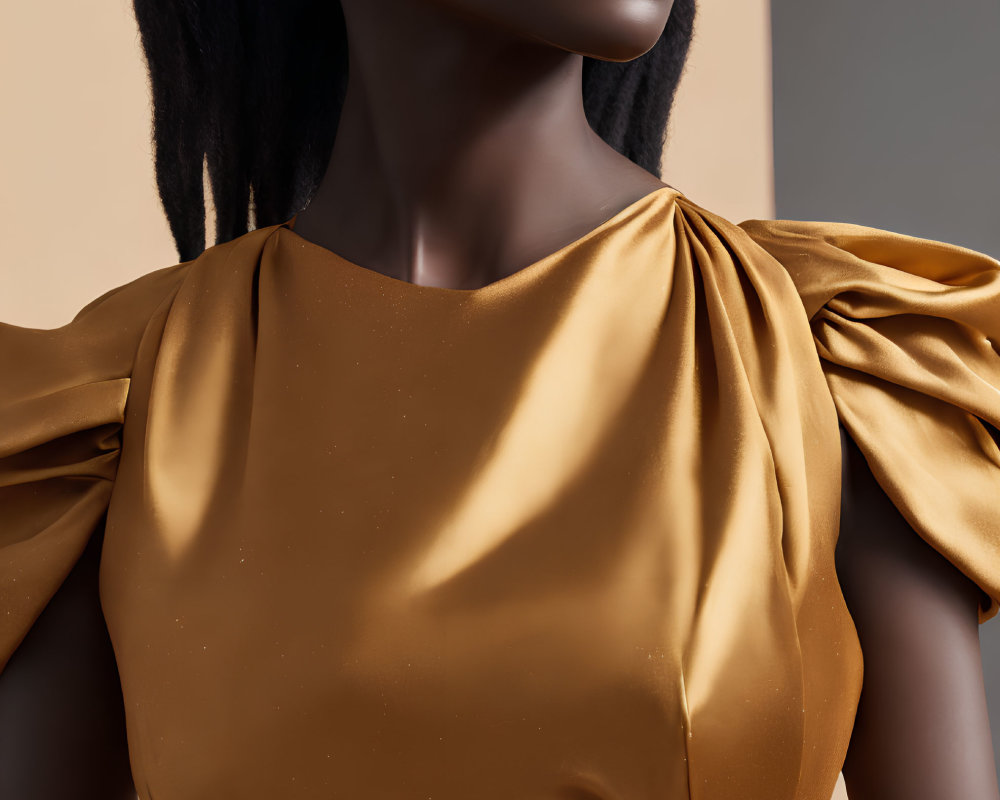 Dark-skinned woman in gold dress with statement earrings and sleek hair.