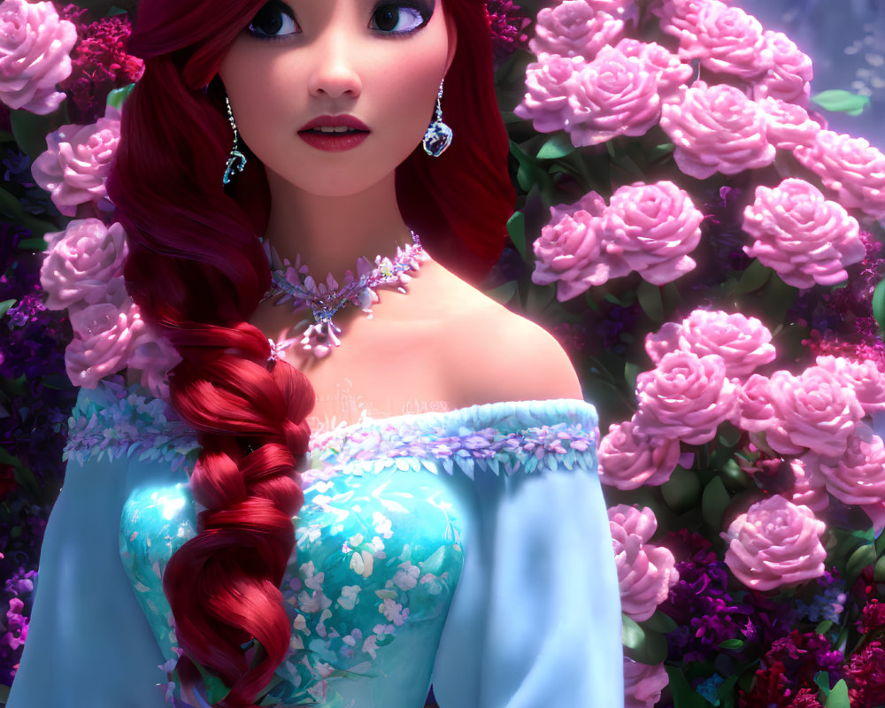 Red Braided Hair Female Character in Turquoise Dress with Silver Jewelry and Pink Roses