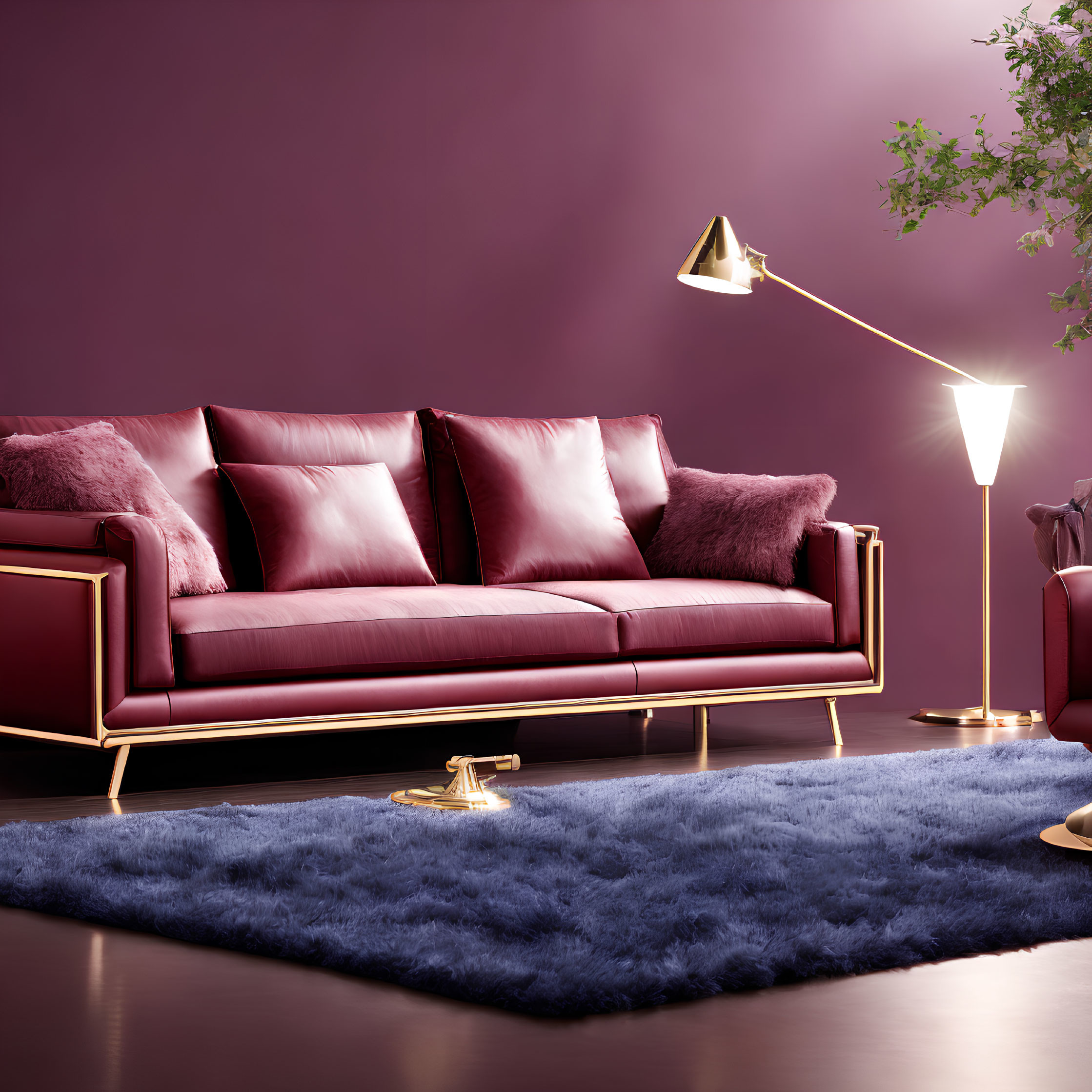 Luxurious Burgundy Sofa with Gold Accents in Elegant Living Room