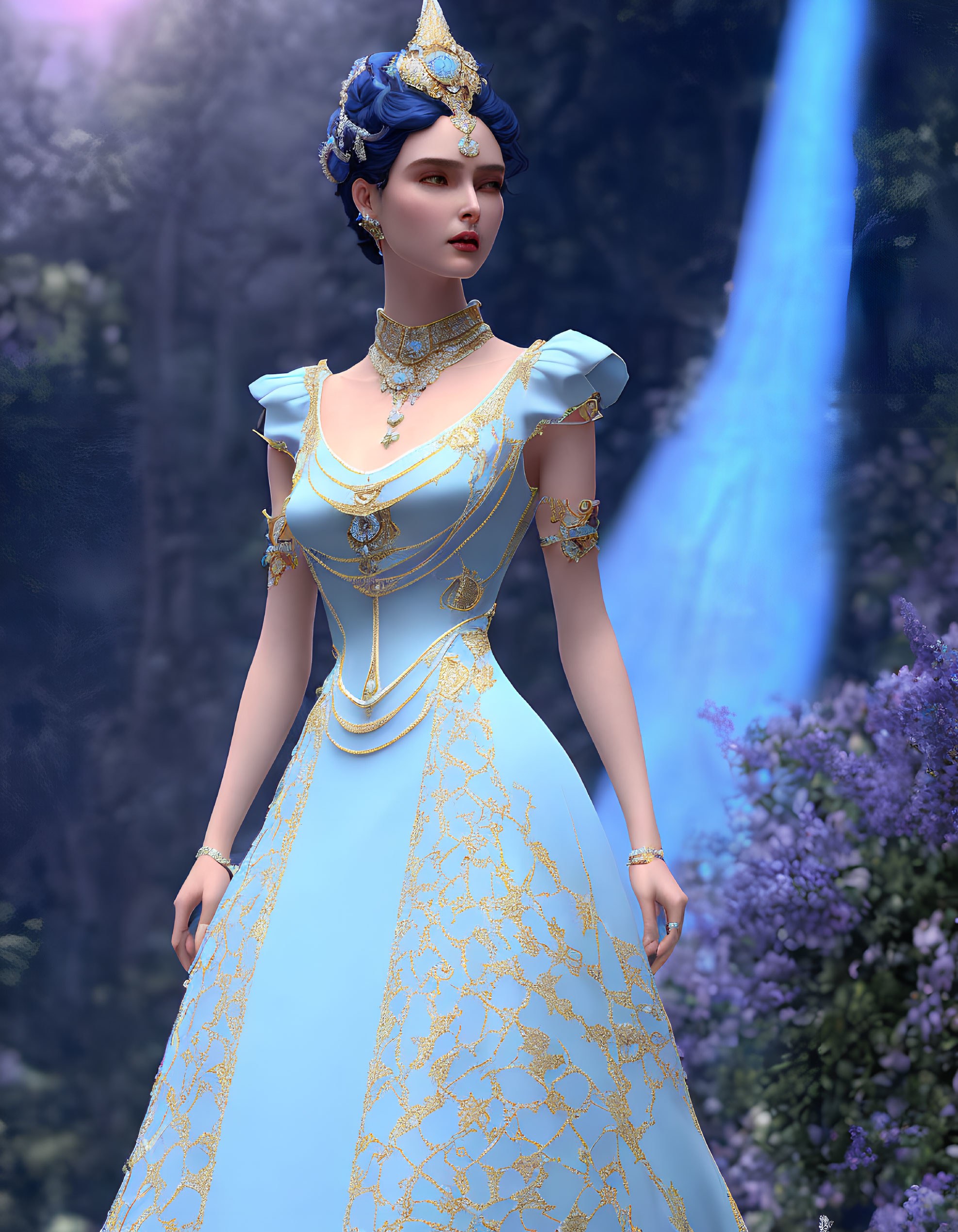 Blue-haired woman in elegant dress poses against waterfall backdrop