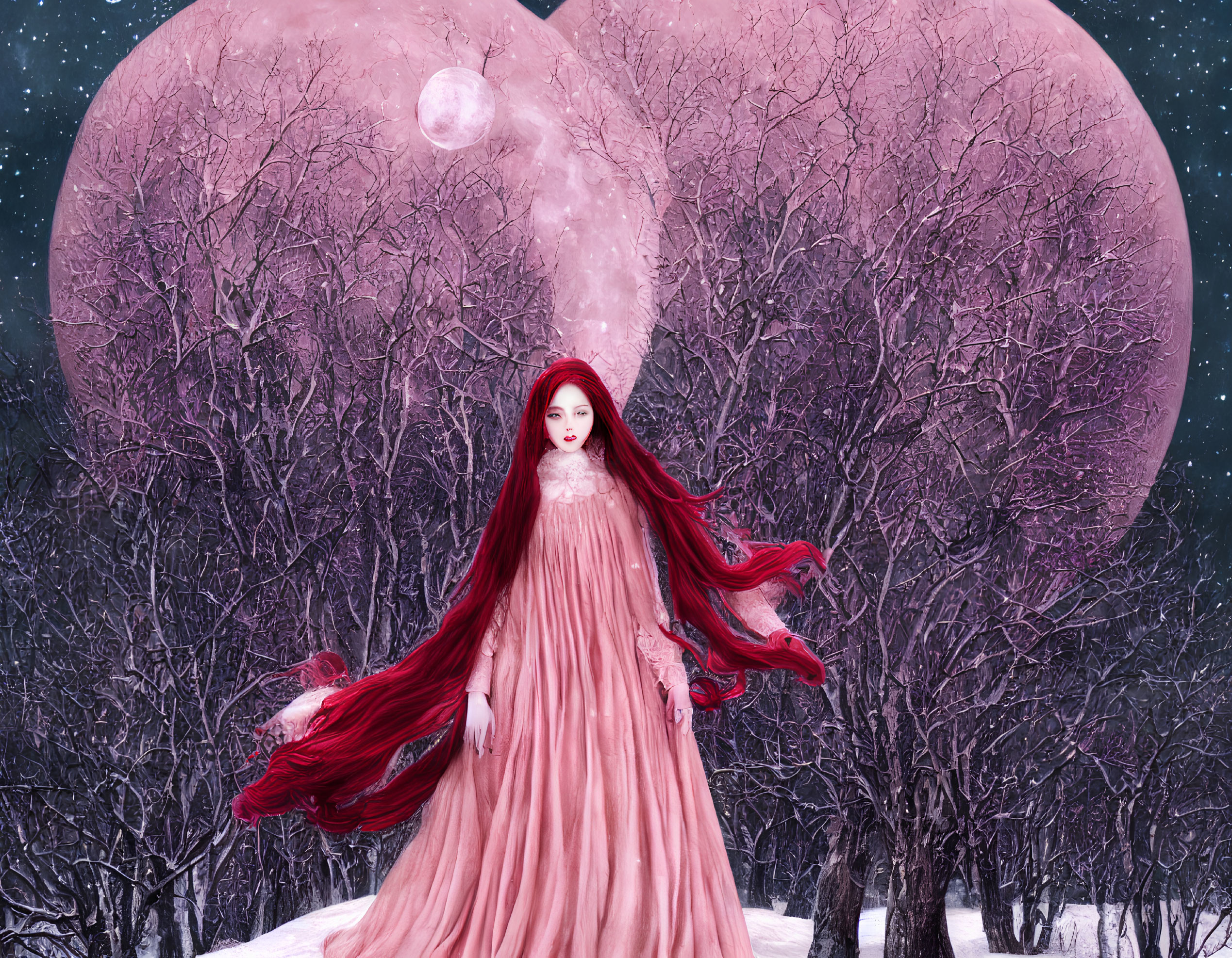 Red-haired woman in pink dress in snowy landscape with moons and trees