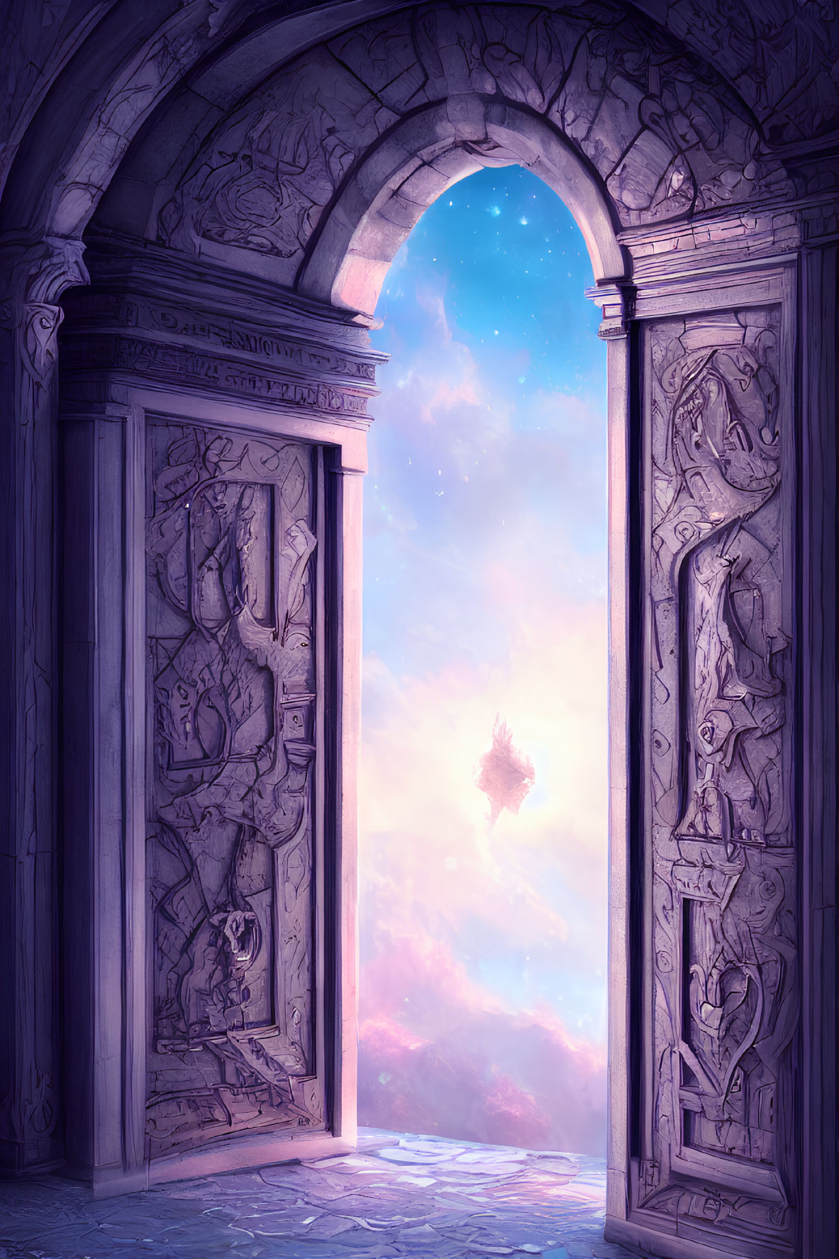 Stone doorway frames twilight sky with stars and floating island in pink clouds