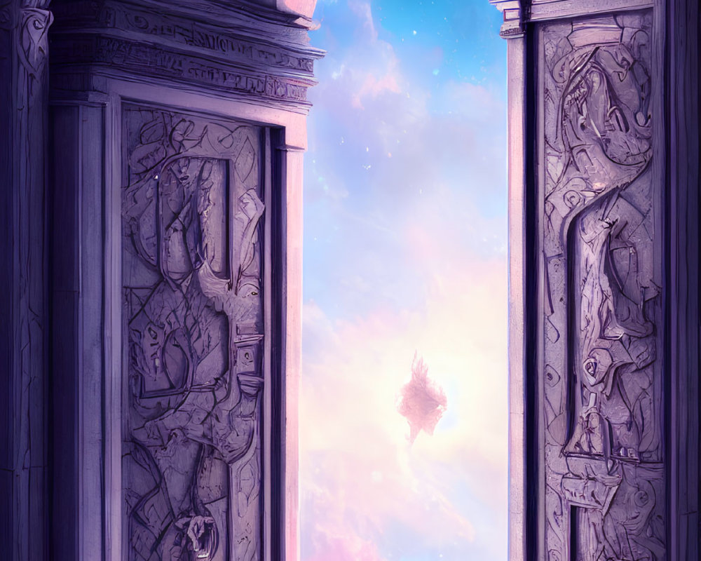 Stone doorway frames twilight sky with stars and floating island in pink clouds