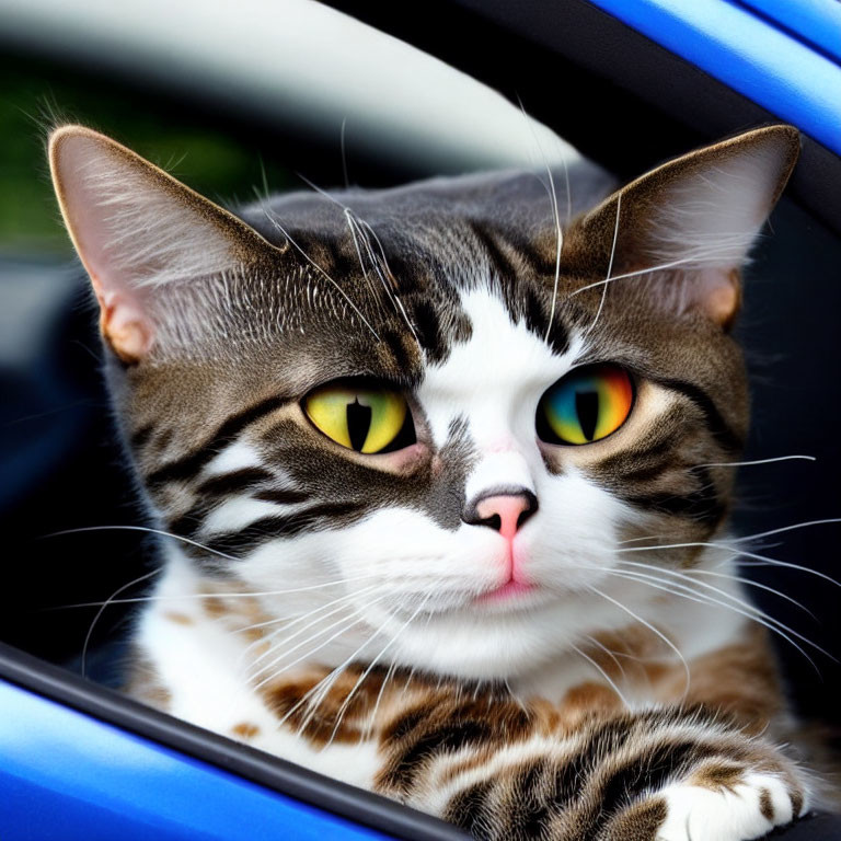 Tabby cat with green-yellow eyes in blue car window, pink nose.