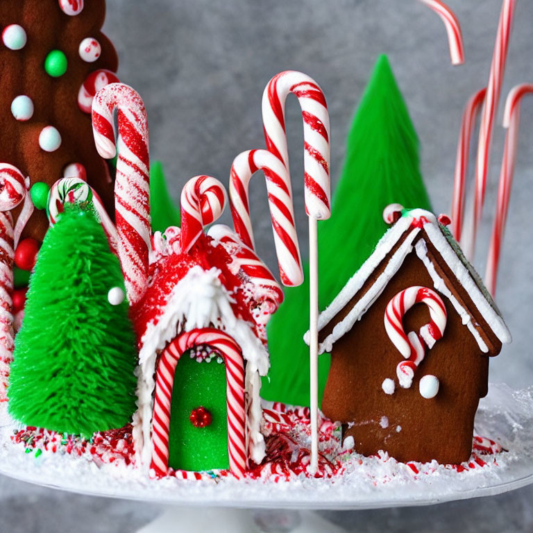 Festive gingerbread house with candy cane decorations and snowy trees