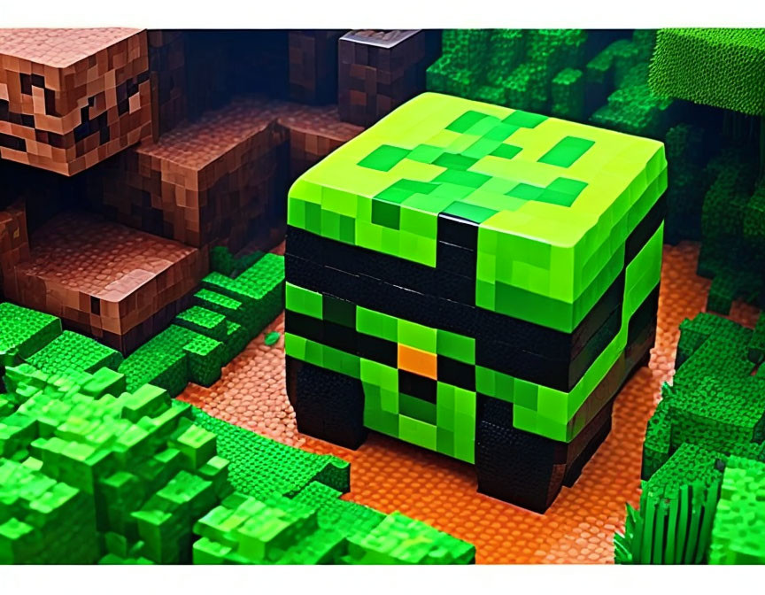 Pixelated scene with green & black cubic creature in forest setting