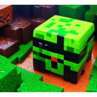 Pixelated scene with green & black cubic creature in forest setting