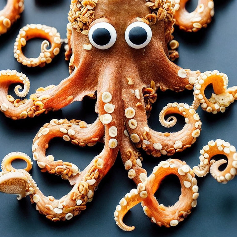 Cooked octopus with cartoon googly eyes on dark surface